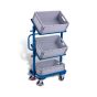 Small order-picking trolley with 3 plastic crates, tiltable