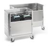 Transport trolley, lowerable, removable or cropped longitudinal wall