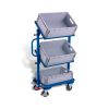 Small order-picking trolley with 3 plastic crates, tiltable