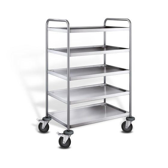 Stainless steel serving trolley with 5 shelves