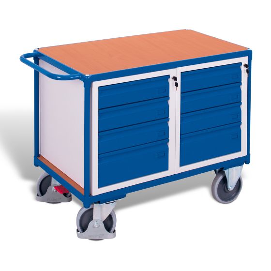 Workshop trolley with 1 load surface with 8 drawers