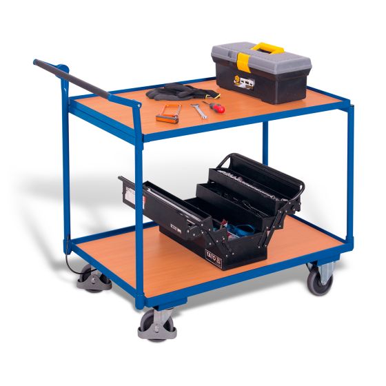 Table trolley with 2 load surfaces and dead man‘s brake