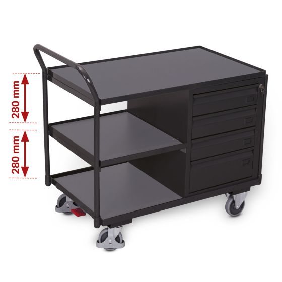  Workshop trolley with 3 loading areas, 4 drawers, RAL 7016