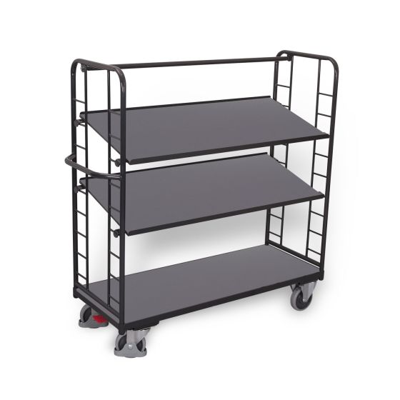 VARIOfit shelf trolley with 3 inclinable wooden shelves, RAL 7016