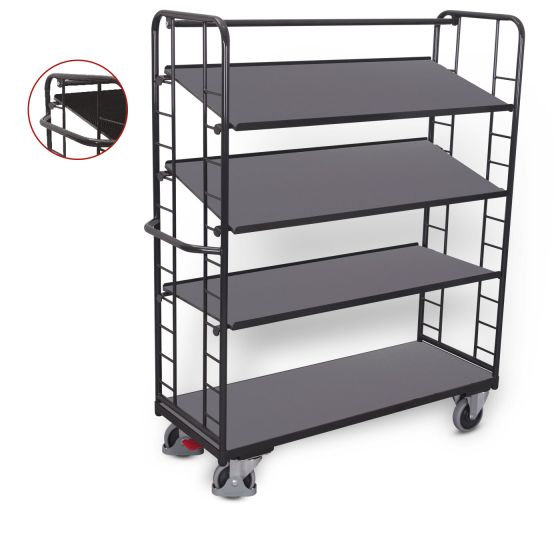 VARIOfit shelf trolley with 4 inclinable wooden shelves, RAL 7016