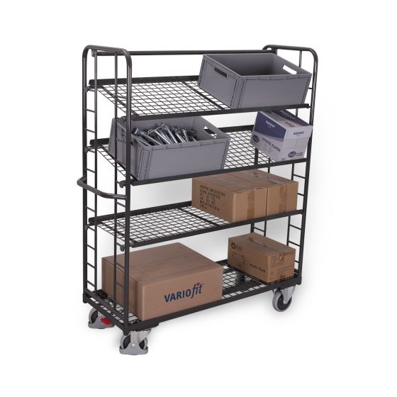 VARIOfit shelf trolley with 4 wire mesh shelves, RAL 7016