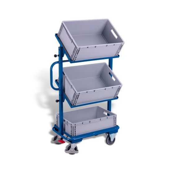Small order-picking trolley with 3 plastic crates, tiltable