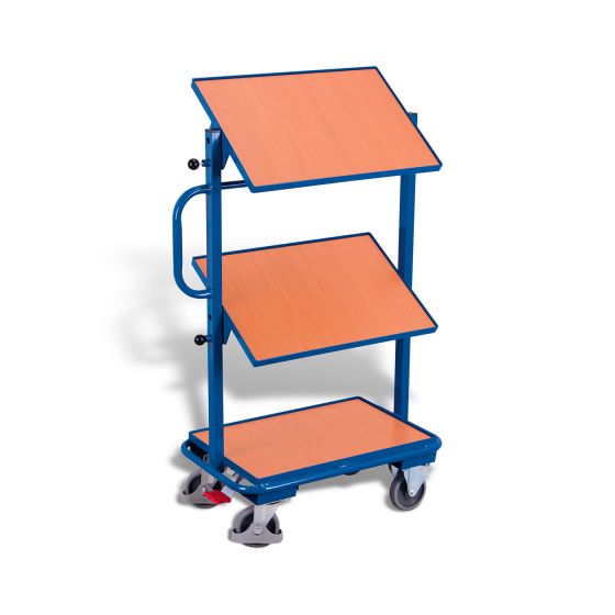 Small order-picking trolley with 3 wooden shelves, tiltable