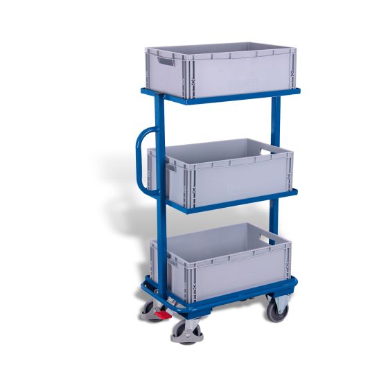 Small order-picking trolley with 3 plastic crates
